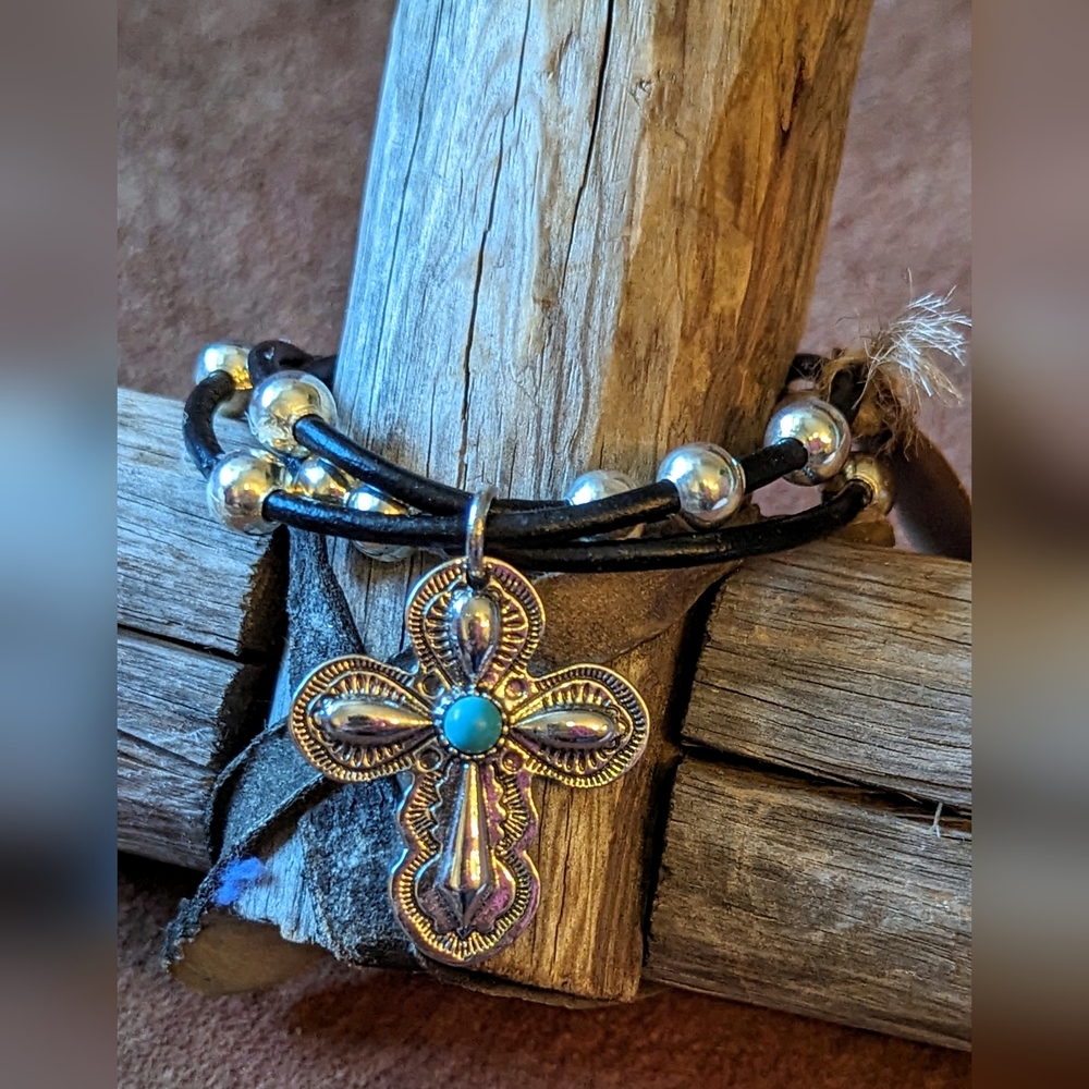 New Handcrafted Black Cord Bracelet With Silver Color Beads and Cross Charm